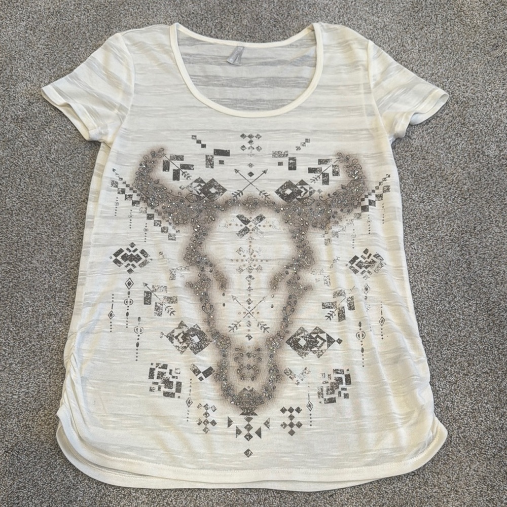 Vanity Short Sleeved Bull Skull Graphic Burnout Tee